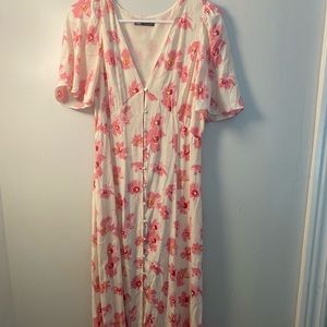 ZARA hot pink floral & cream button dress
